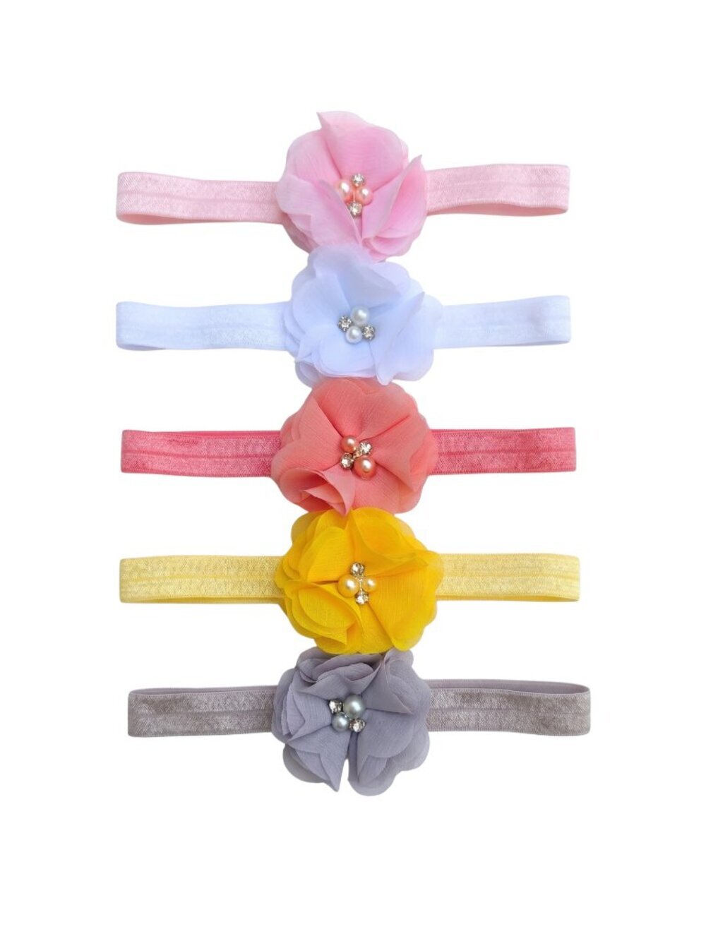 New | 5 Pack Handmade Chiffon Flower Baby Headbands Multi-Color Soft Elastic